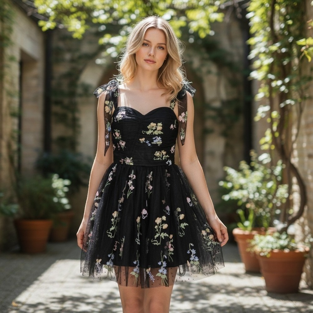 Black Floral Embroidered Tulle Dress 2 Corset Back Fairycore Romantic Goth NWT